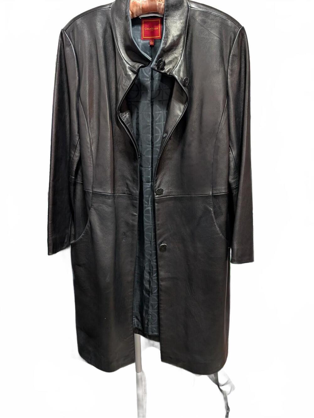 Cole Haan City Black Leather Long Coat Jacket Size Large